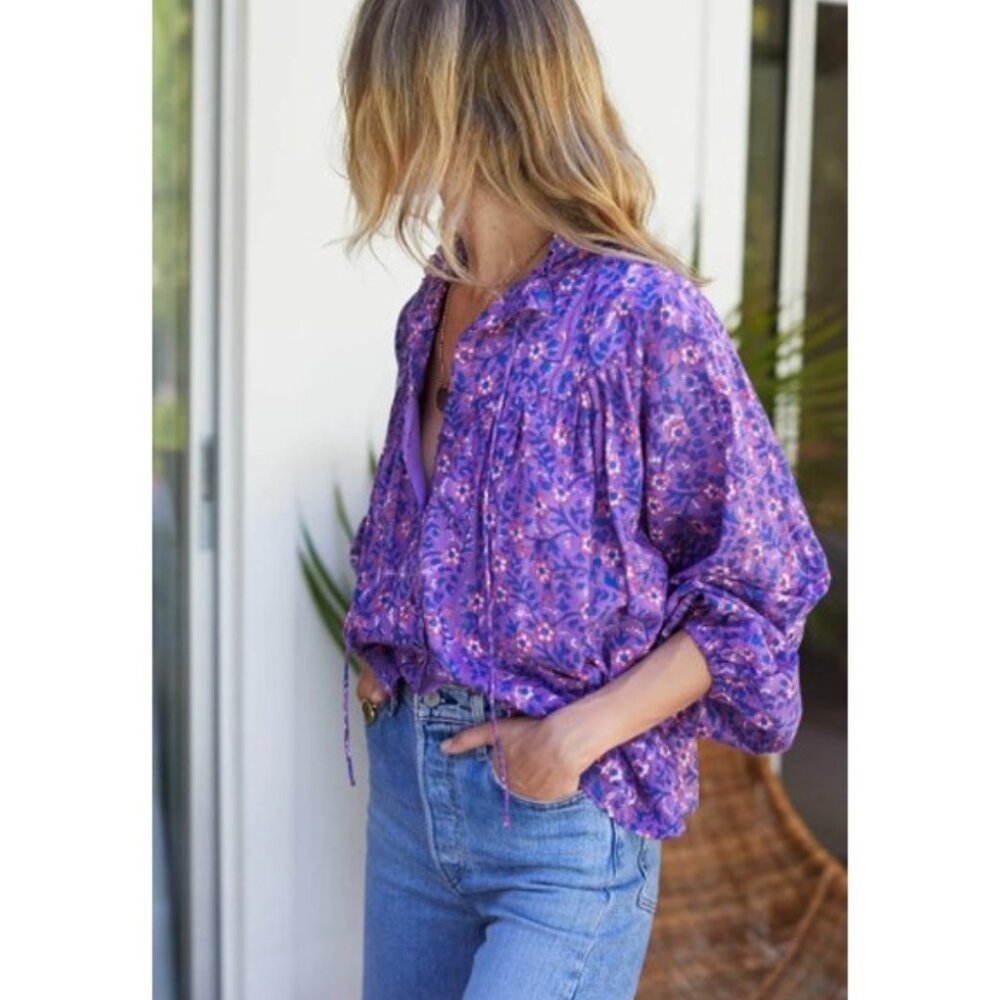 Emerson Fry India Collection. Purple Peasant Top with Gold Stitching. Size M.